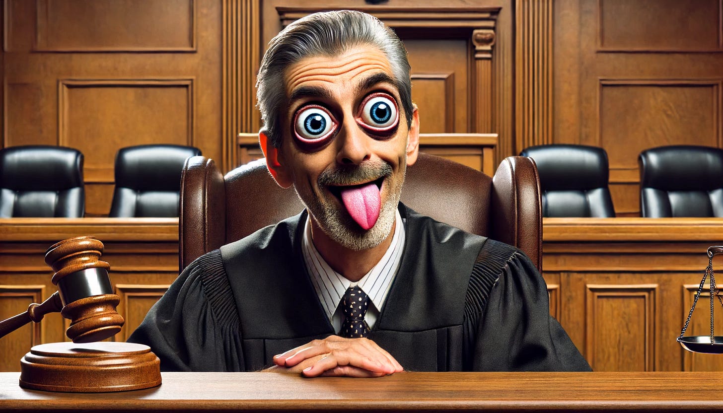 A middle-aged judge with a delirious look in his eyes sits behind his bench in a courtroom. His eyes are large and his tongue is wagging, creating a bizarre and unsettling expression. The background includes typical courtroom elements like wooden benches and a judge's stand, but the focus is on the judge's unusual appearance.