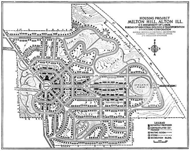 Black and white map featuring winding streets and little black squares representing homes. Black and white map featuring winding streets and little black squares representing homes.