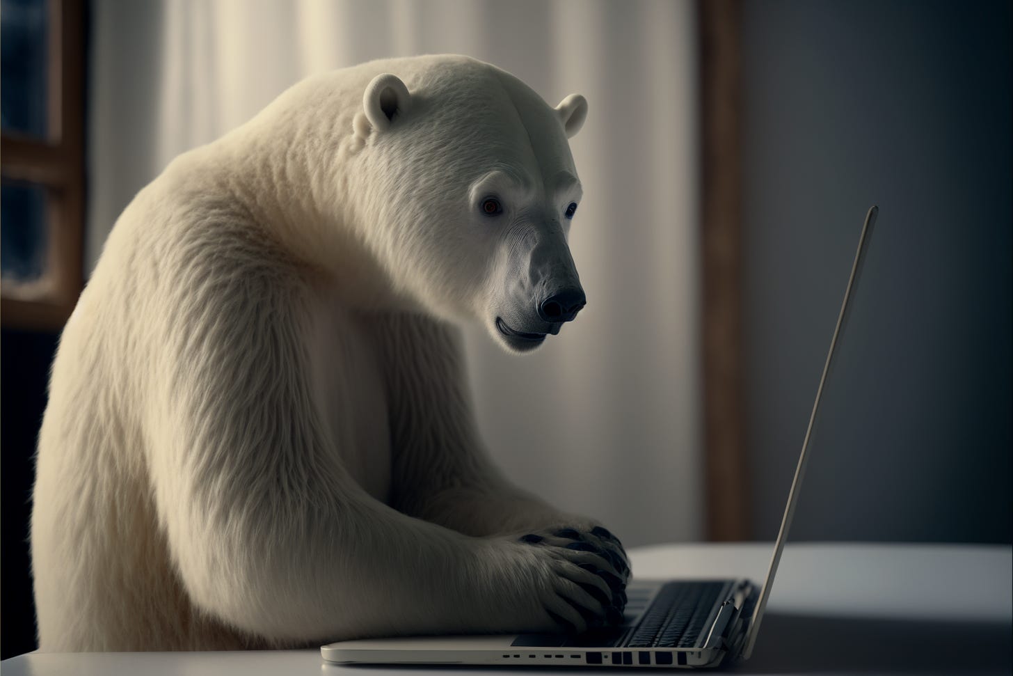 An anxious bear looking at a laptop screen