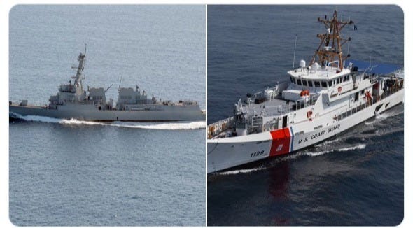 USS Spruance (left) and the Coast Guard Cutter Forrest Rednour - along with a Customs & Border Protection boat foiled a smuggling attempt. USS Spruance (left) and the Coast Guard Cutter Forrest Rednour - along with a Customs & Border Protection boat foiled a smuggling attempt.