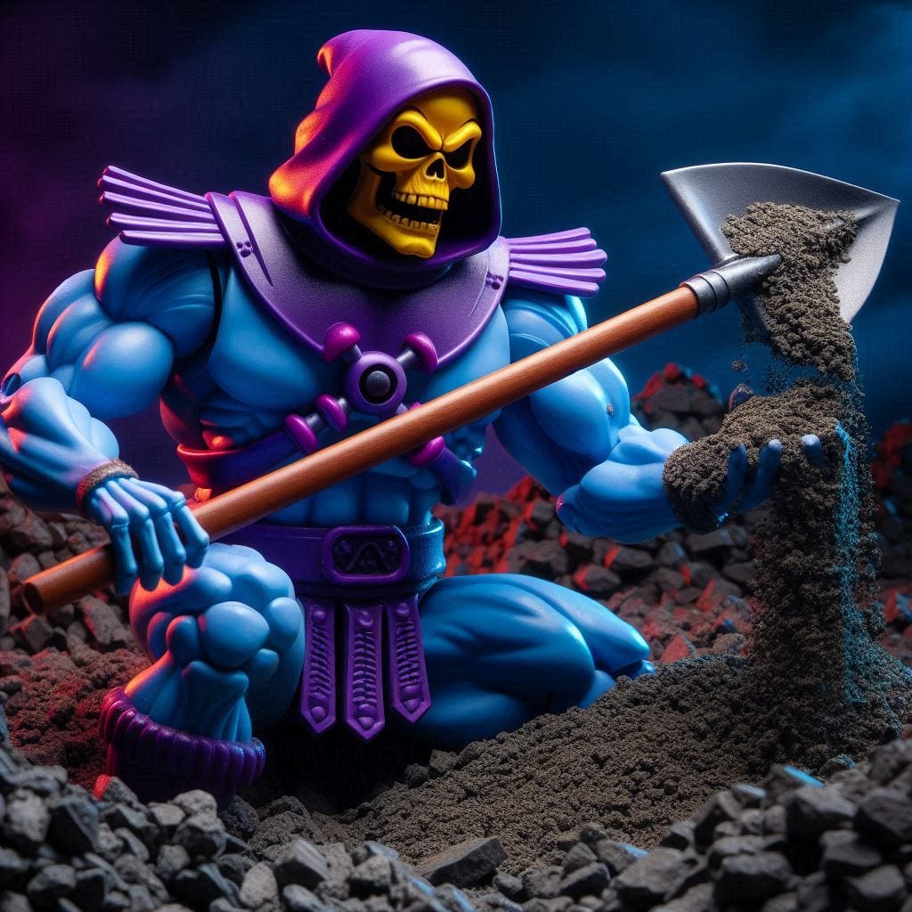 Skeletor from Masters of the Universe is shovelling aggregate