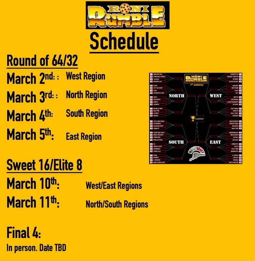 May be an image of text that says 'RUMBIE Schedule Round of 64/32 March 2nd:: West Region March 3rd:: North Region March 4th: South Region March 5th. DHE NORTH WEST East Region SOU ΤΗ EAST Sweet 16/Elite 8 March 10th. West/East Regions March 11th. North/South Regions Final 4: In person. Date TBD'