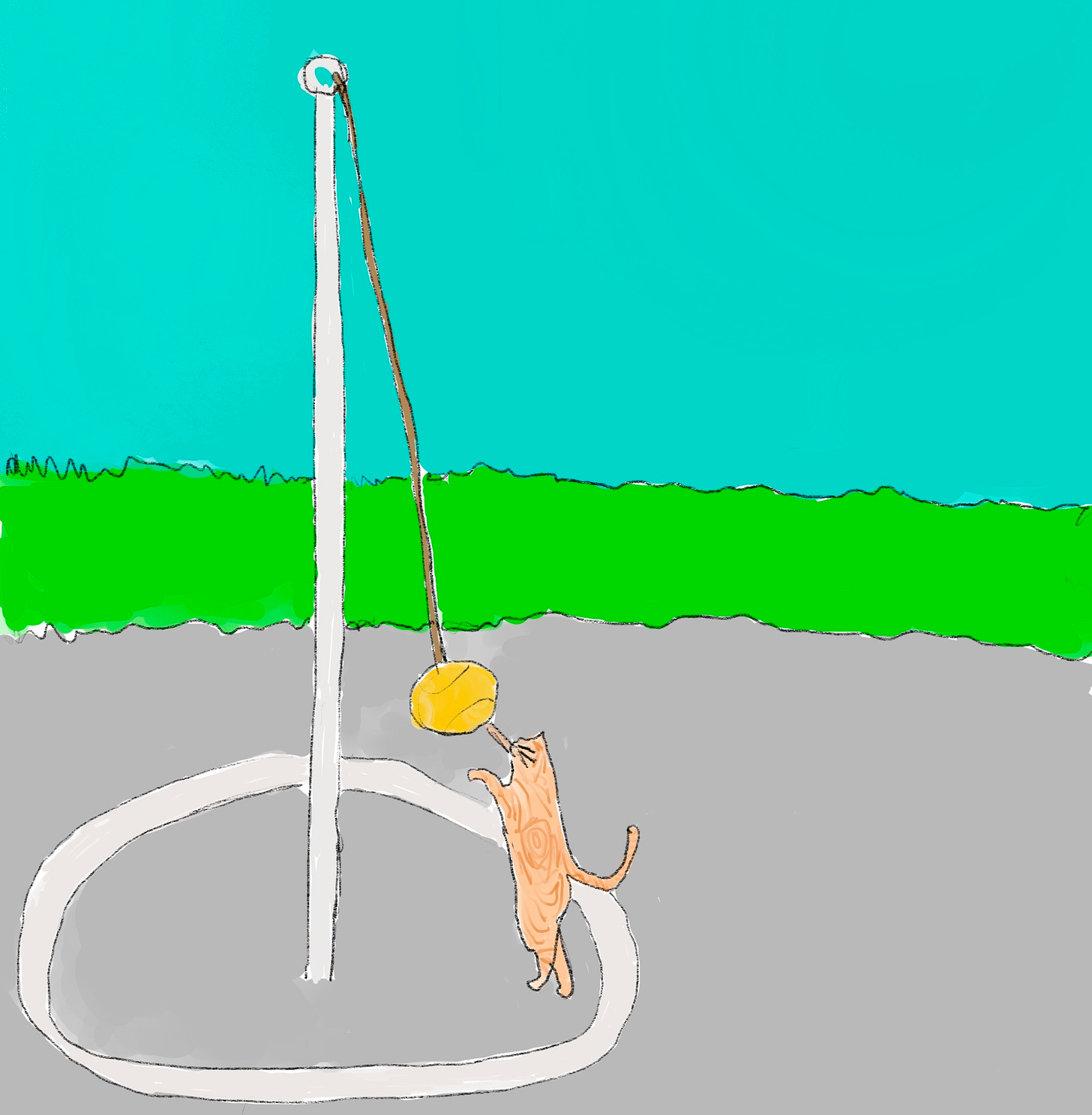 Drawing of an orange tabby cat hitting a tetherball with her paw.