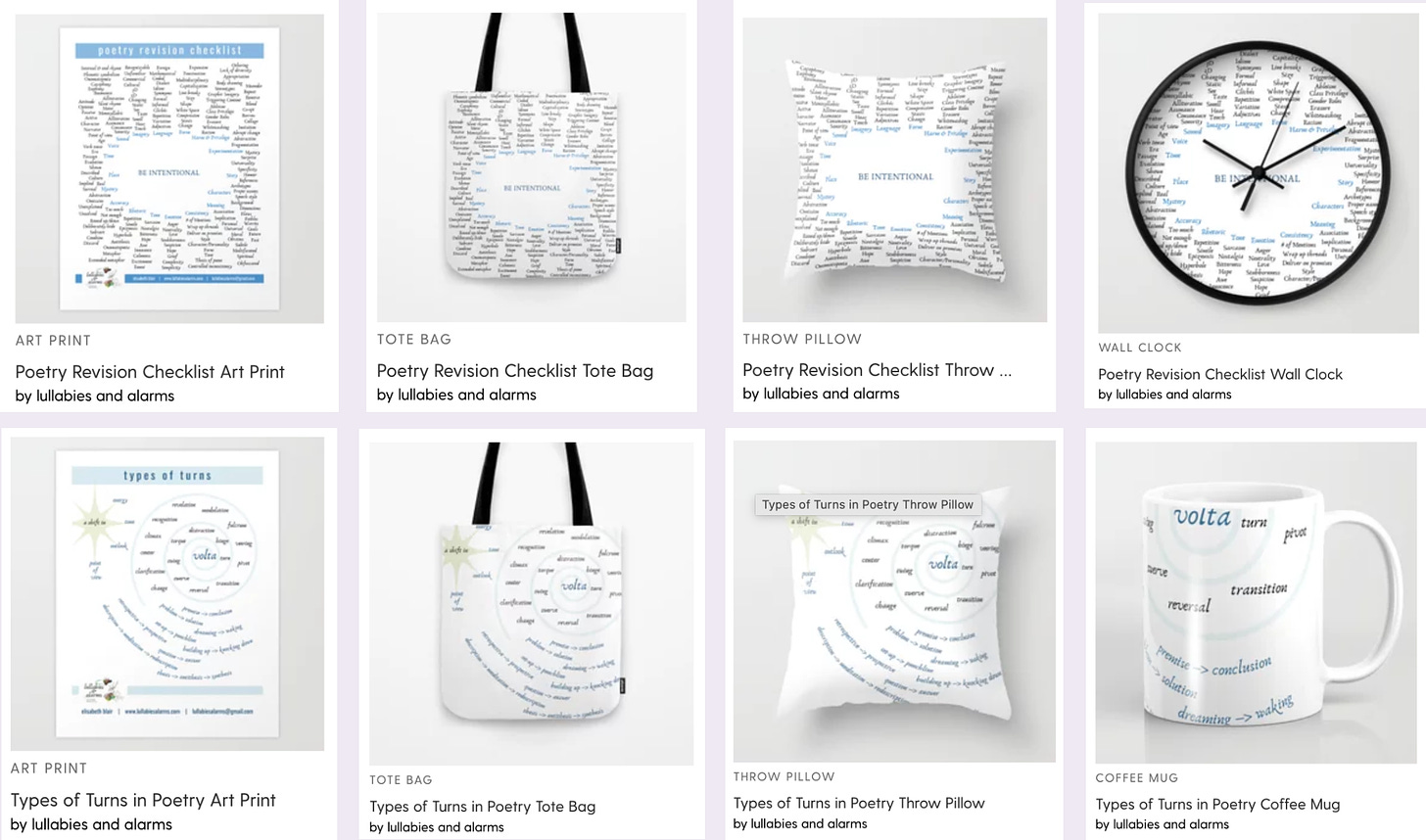 two rows of four product photos each, featuring posters, totes, pillows, a clock, and a mug, each with one of two poetry charts printed on them
