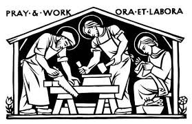 Three figures with icon-style halos work beneath a roof with the text Pray & Work/Ora et Labora overhead