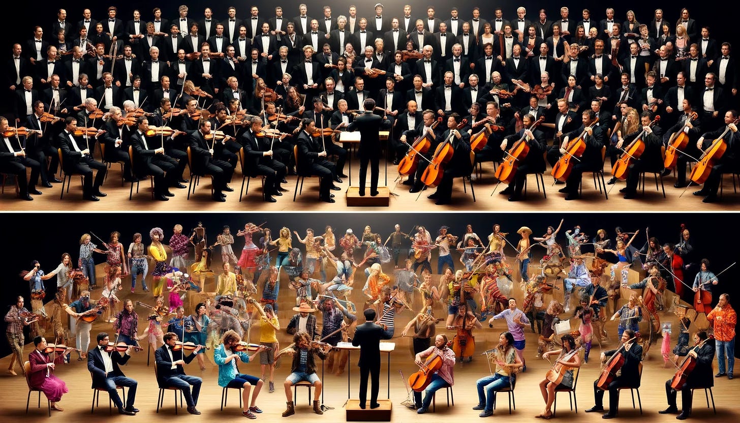 An image of an orchestra whose musicians are all wearing tuxedos above an image of an orchestra whose members are well-dressed in all kids of clothing styles.