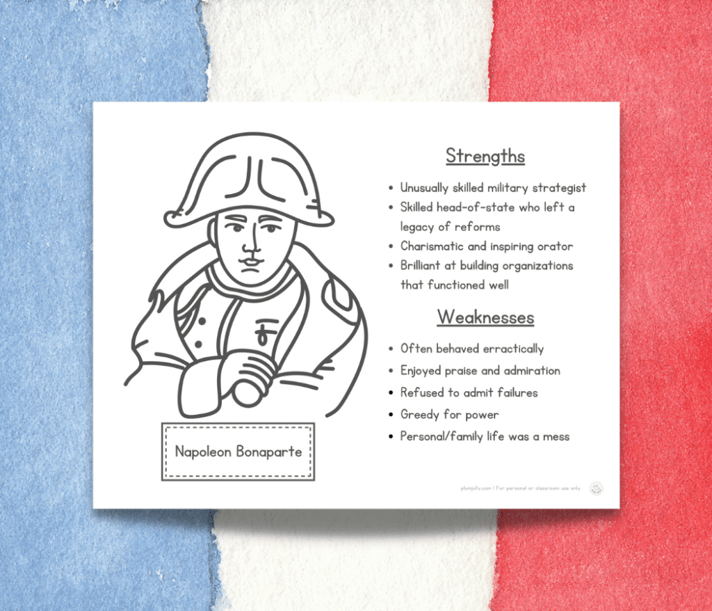 This printable Battle of Waterloo Map and Activities features a picture of a printable coloring page of Napoleon and a list of his strengths and weaknesses.