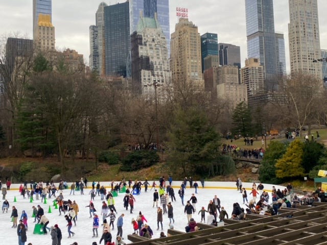 Wollman Rink from the Terrace. The buildings of the Central Park South and West are visible behind trees and fields and crowds out enjoying the park.