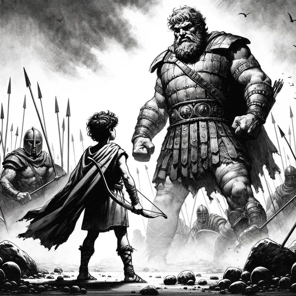 An illustration of the biblical story of David and Goliath. David, a young and small figure, armed only with a sling and stones, faces the giant Goliath, a towering warrior in full armor. The setting is a dramatic, ancient battlefield. David's courage and strategic thinking are evident in his determined stance, while Goliath looms over him, symbolizing overwhelming odds. The illustration should capture the essence of the underdog overcoming a formidable challenge through clever strategy, not brute force.