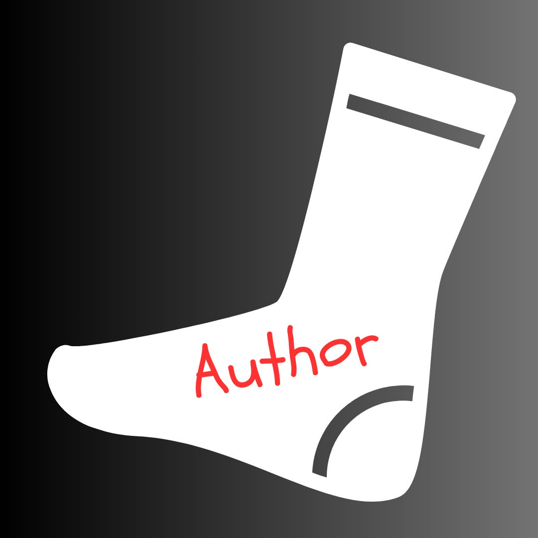 White sock on a black background with the word author written in red.