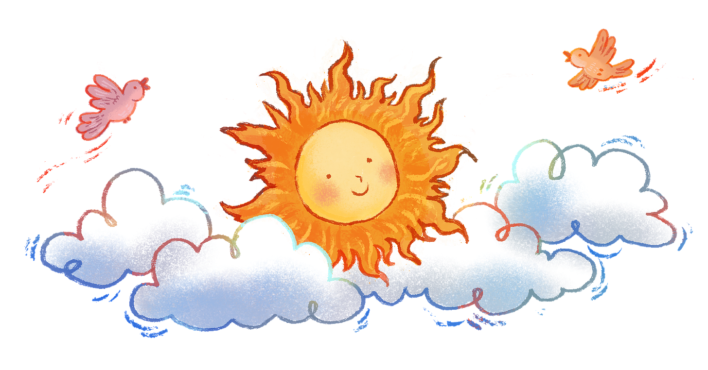 Digital illustration of a stylized sun smiling behind billowing clouds. Two little birds fly on either side.