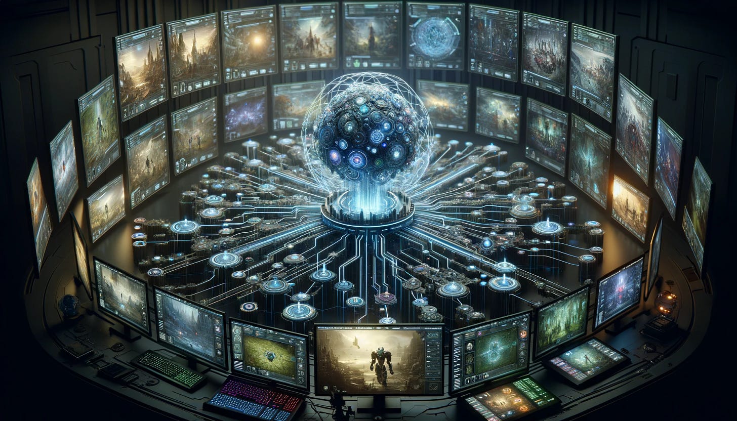 A photorealistic image of a sophisticated artificial intelligence system, visually represented by a complex network of glowing neural pathways and circuits. This AI system is surrounded by screens displaying a myriad of 3D game environments ranging from intricate fantasy worlds to ultra-modern sci-fi cities. Each screen shows the AI actively engaging in gameplay, with indicators of strategy, analysis, and decision-making processes in real time. The environment around the AI setup is dimly lit to emphasize the luminosity of the neural network and the screens, highlighting the AI's capability to master and play multiple 3D games simultaneously.