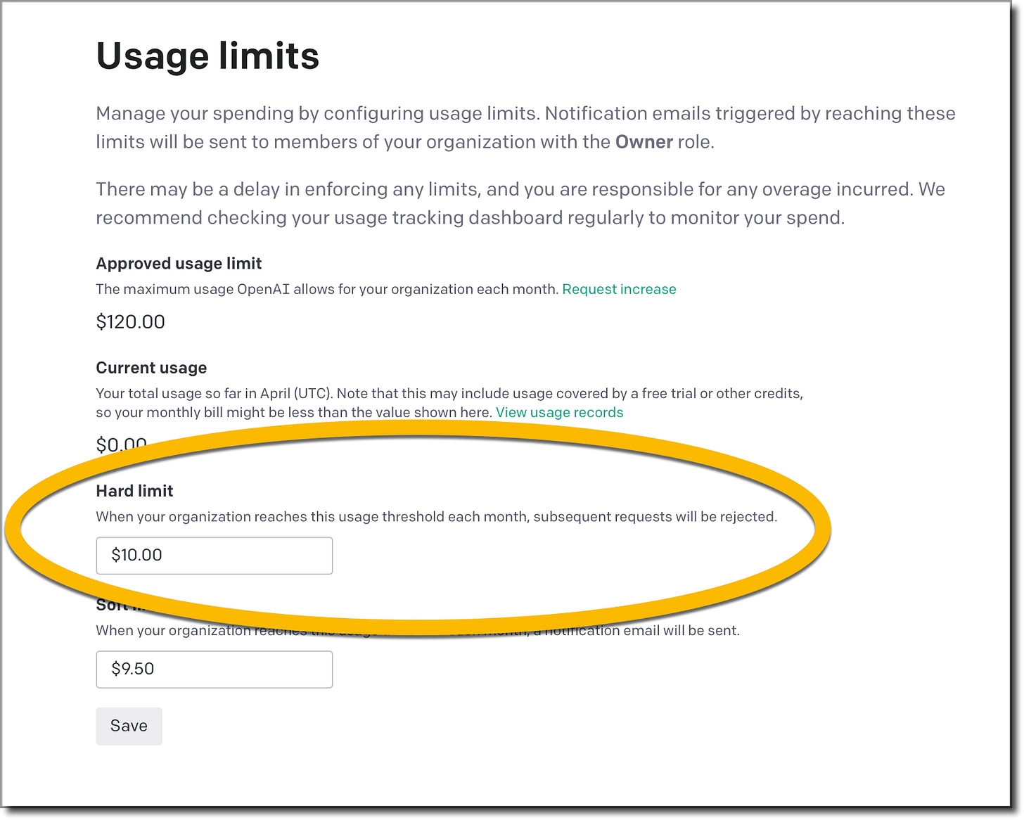 Screen shot of setting a usage limit in OpenAI