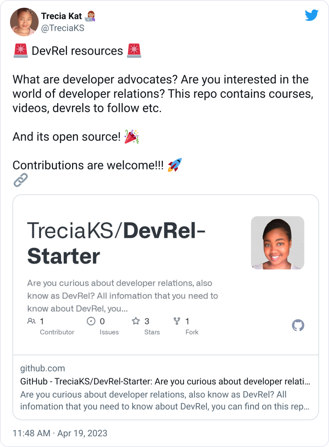 Trecia Kat 👩🏽‍💻 @TreciaKS 🚨 DevRel resources 🚨  What are developer advocates? Are you interested in the world of developer relations? This repo contains courses, videos, devrels to follow etc.  And its open source! 🎉   Contributions are welcome!!! 🚀 🔗