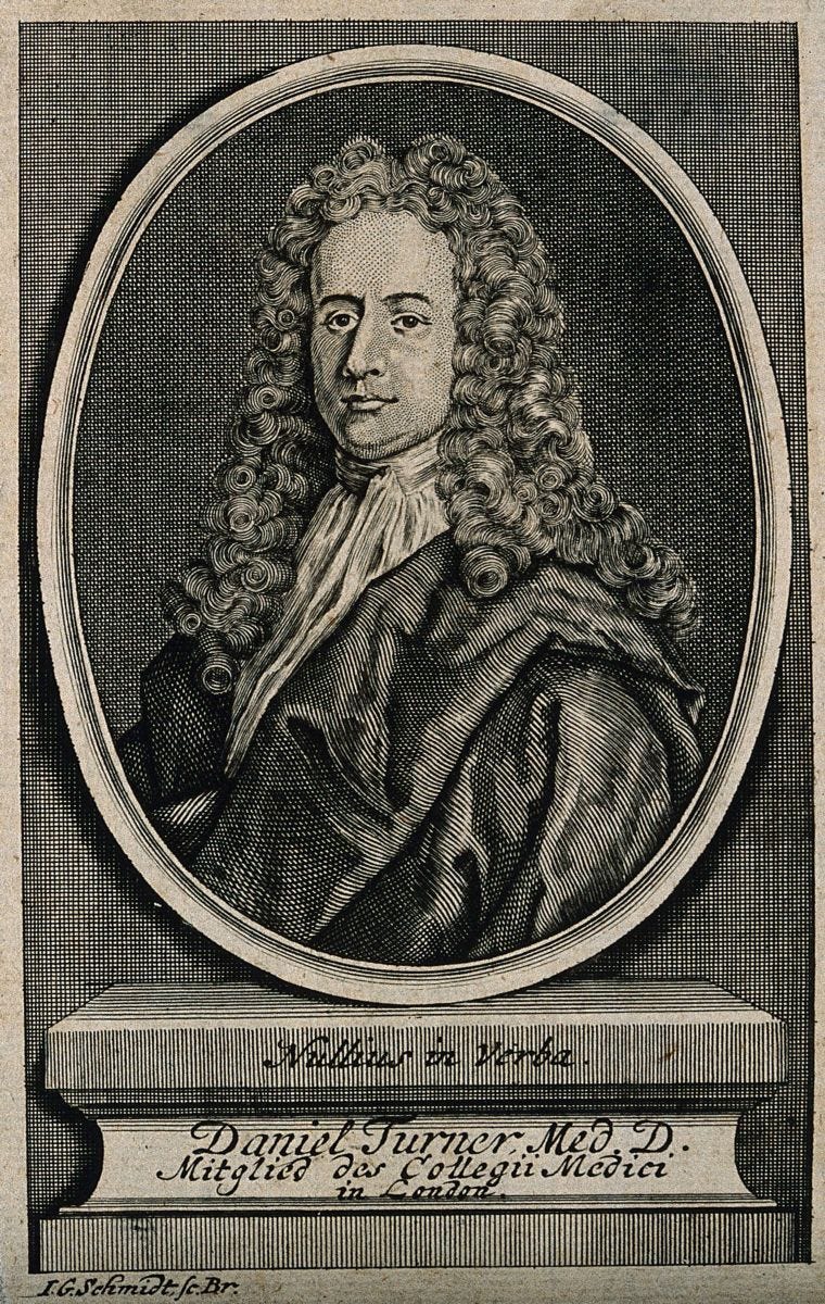 An 18th-century engraving showing an oval portrait of a man in a long peruke wig. Underneath the portrait is a plinth with the motto 'Nullius in verba' and the name Daniel Turner M.D.