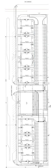 Architectural drawing showing several proposed row houses along West Market Street, with many surface parking stalls