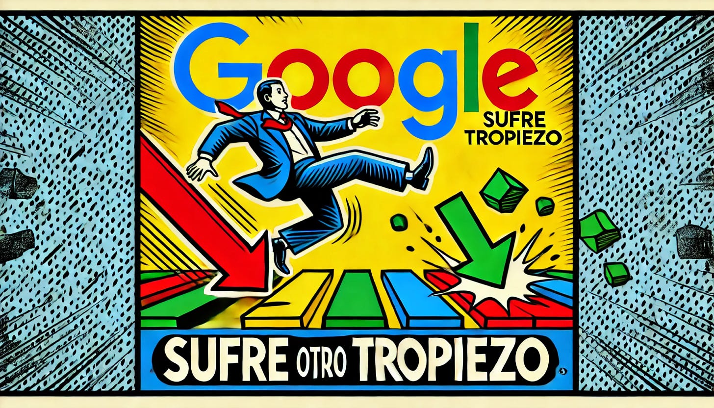 A stylized rectangular image representing 'Google Sufre Otro Tropiezo' in a pop-art style. The image should feature the Google logo, with visual elements representing a stumble or fall, such as downward arrows, a trip hazard, or falling blocks. Use dynamic and bold colors like red, blue, yellow, and green to reflect Google's branding. Ensure the text 'Google Sufre Otro Tropiezo' is clearly written, correctly spelled, and reviewed for accuracy multiple times.