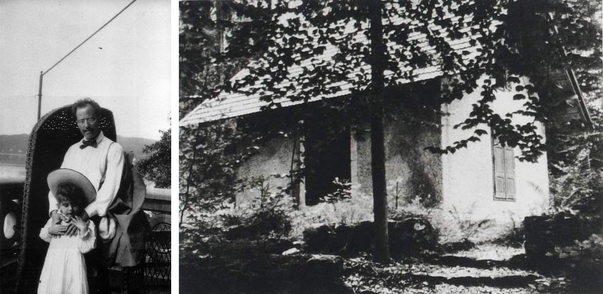 Two black and white photos: At left, depicting a tall man with a young daughter standing on a balcony overlooking a large lake. At right, a one-room hut with thatched roof located in a dense forest