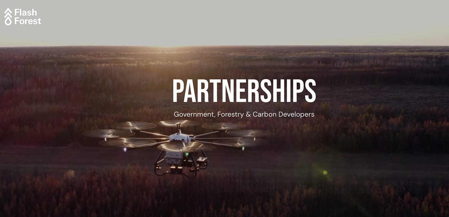 A screenshot from Flash Forest's website showing a drone with multiple rotor blades flying over a landscape at sunset.