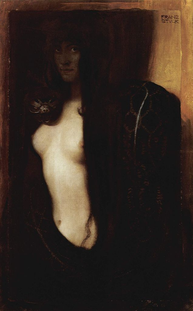 This may contain: a painting of a woman with long hair and no shirt on, standing in front of a wall