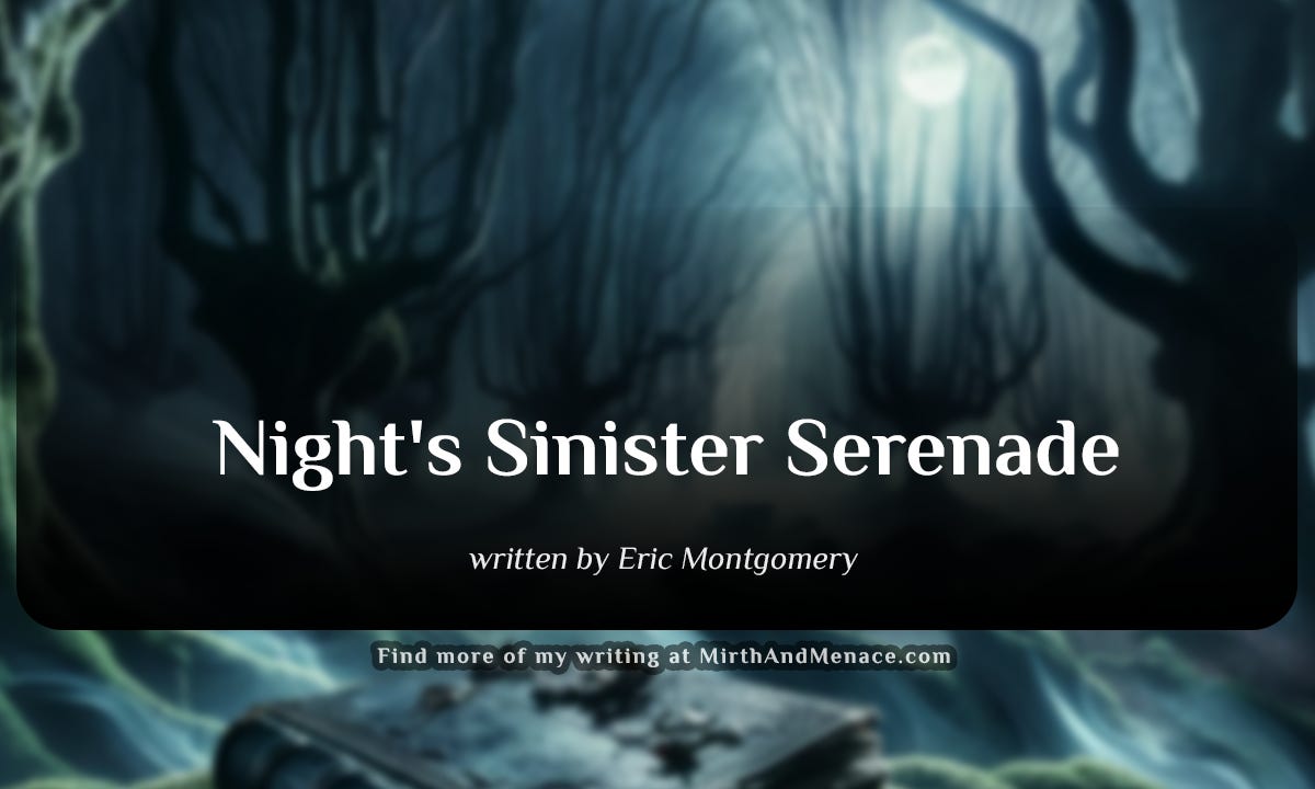 An Ai Generated image that shows an ancient forest at midnight, mist and moon casting eerie shadows, with an old book on a stone; Used as cover art for the poem, "Night's Sinister Serenade" written by Eric Montgomery, March 2024. www.mirthandmenace.com
