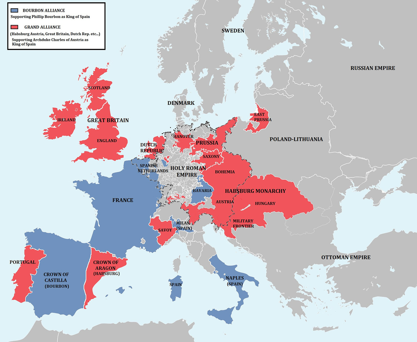 European alliances during War of the Spanish Succession, 1701–1714 :  r/MapPorn