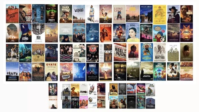 This collage shows 78 one-sheet posters for 78 different theatrical movies, streaming movies, television series, and documentaries made by Indigenous creators from the mid-1990s until the present moment. Four rows of 14 posters span the image's length, while two rows of 11 posters are centered beneath them.