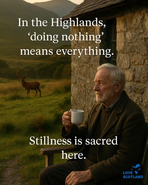 May be an image of 1 person and text that says "In the Highlands, 'doing nothing' means everything. Stillness is sacred here. LOVE SCOTLAND"