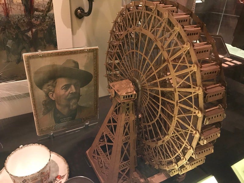 model of the earls court big wheel and a photo of buffalo bill