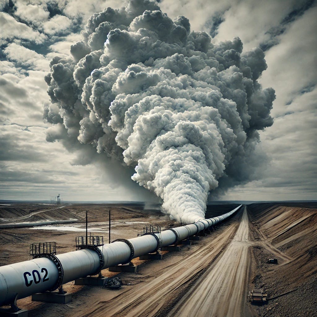 A scene showing a CO2 pipeline in a remote, industrial area with a significant rupture, releasing large amounts of toxic gas into the air. The pipeline, made of metal and running along a barren landscape, has a visible break with gas billowing out in dense clouds. The sky is overcast, and the surrounding area appears desolate and contaminated, with no vegetation. The gas plume rises, casting an ominous, toxic atmosphere in the scene, creating a sense of environmental disaster.