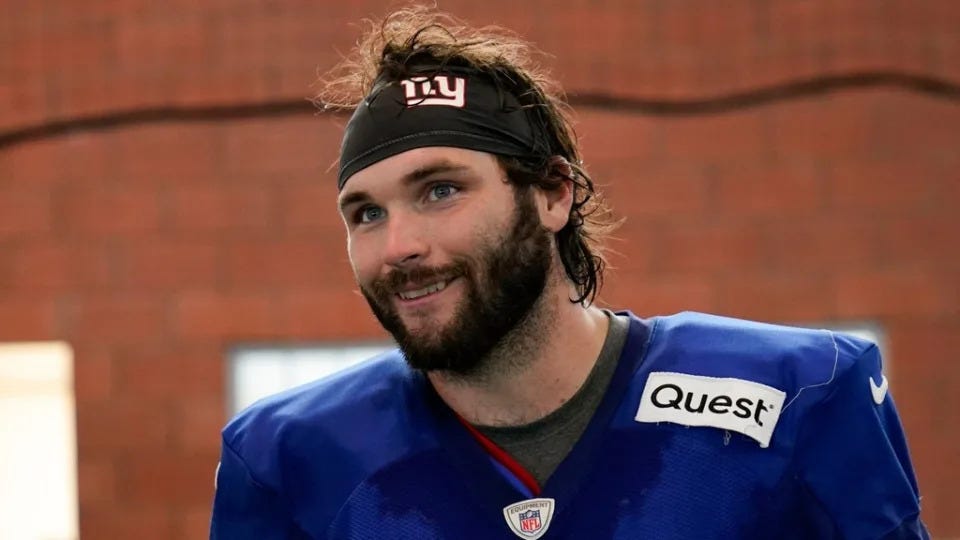 NorthJersey.com's Art Stapleton interviews New York Giants tight end and Ramsey native Tommy Sweeney during training camp in East Rutherford on Monday, July 31, 2023.