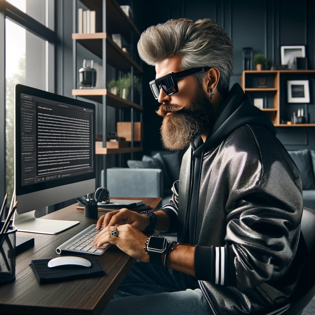 A hip, futuristic middle-aged man with a full beard and head of hair, wearing stylish streetwear and glasses, possibly sunglasses, sits at his computer in a well-equipped home office. The office is modern with high-tech gadgets. He works on a black PC screen, which displays a detailed blog post. The man is intensely focused on his writing, with a calm and cool demeanor. The office has a sophisticated, contemporary feel, featuring advanced technology and sleek, dark-colored furniture.