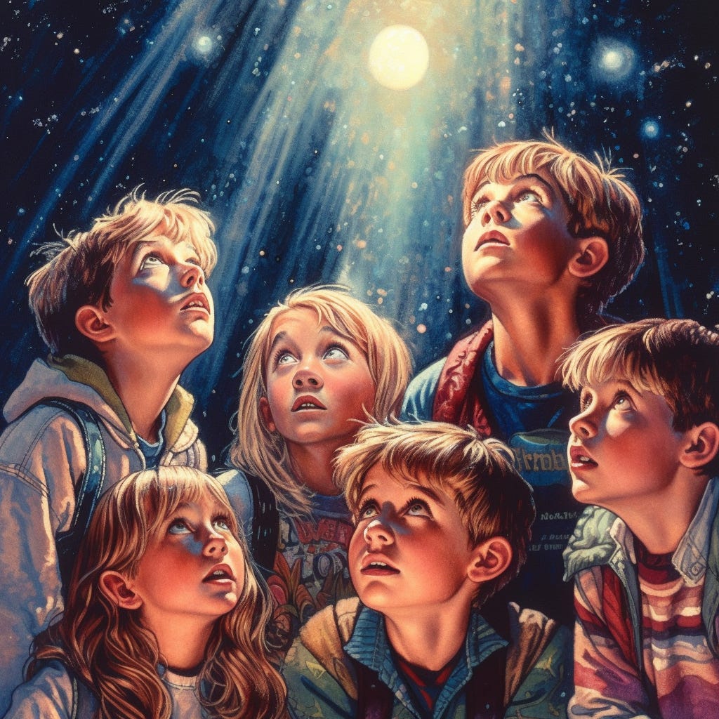 90s adventure blockbuster family movie poster of a bunch of kids looking at something light, sparkly and magical that is off the bottom of the screen (MJ & Zane Dickens)