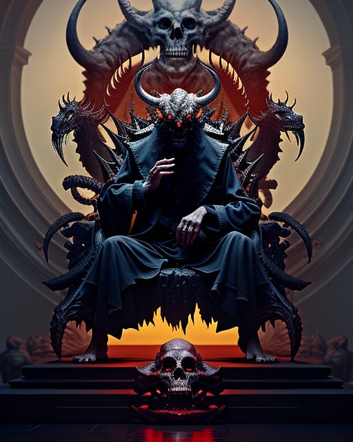 Black-robed,three-eyed,goat-headed A. I. rendering of the devil sitting on a throne made of bones and skulls from various fantasy creatures.