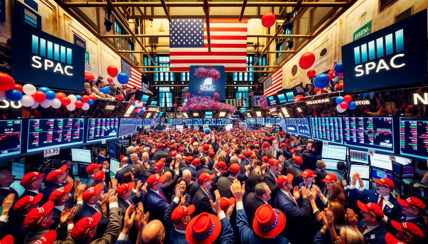 A lively celebration at the New York Stock Exchange, capturing the atmosphere of a high-energy political rally. The scene is bustling with traders and investors, all wearing large red hats, symbolic of political enthusiasm. The trading floor is decorated with red and blue balloons and banners, creating a festive yet politically charged ambiance. A ticker displays a rising stock symbol for a SPAC merger, indicating excitement and success. The environment is filled with cheering, clapping, and a sense of triumph, embodying a blend of finance and politics.