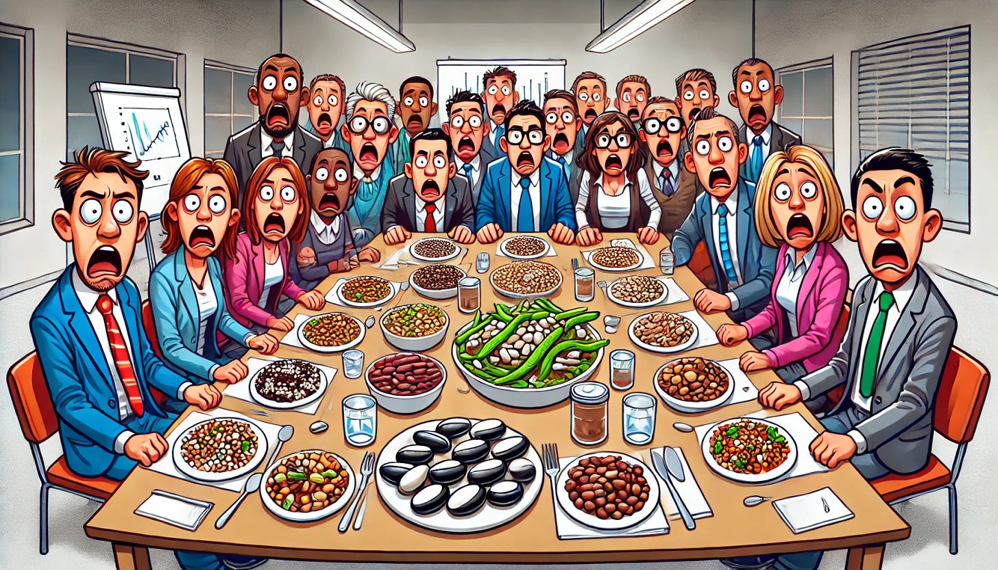 A cartoon of a focus group in a room, looking shocked and disappointed after being served beans, pulses, and legumes for dinner. The group consists of a diverse mix of people, with exaggerated expressions of surprise and dismay on their faces. The dinner table is covered with various dishes of beans, pulses, and legumes, clearly not what they were expecting. The setting is a typical conference room with a whiteboard and charts in the background. The overall mood is humorous, capturing the unexpected and unappetizing nature of the meal.