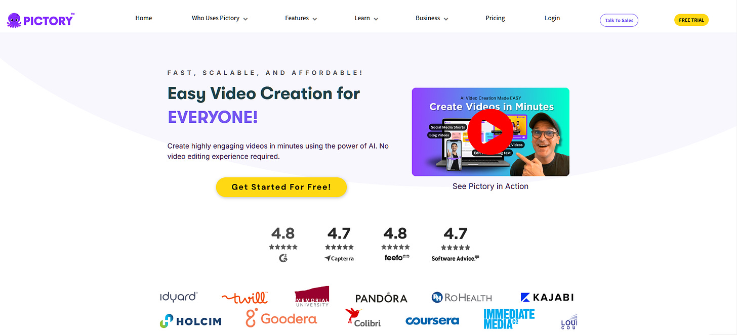 Pictory free video creation front page