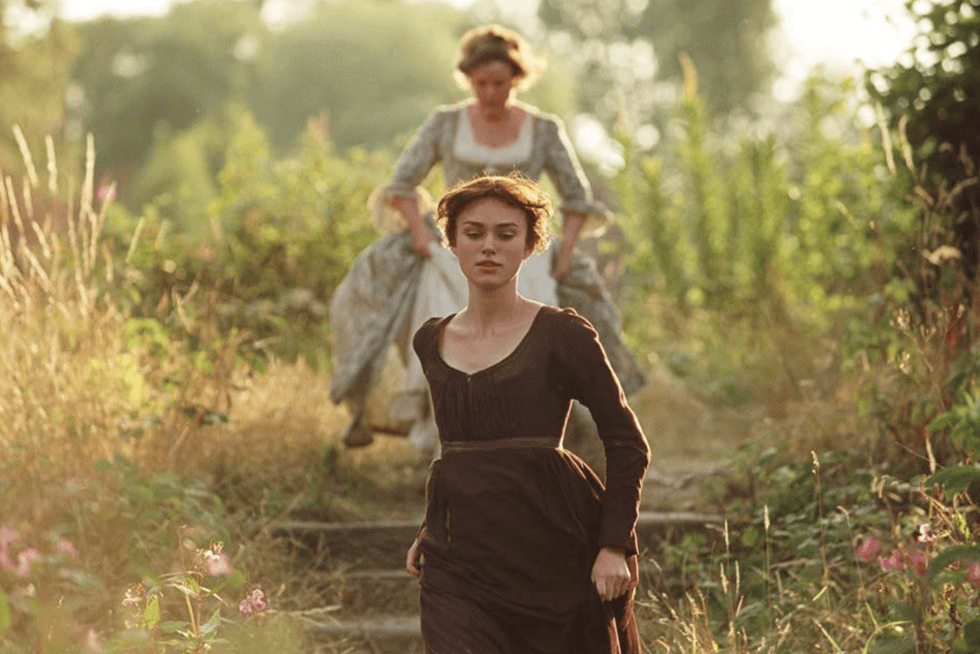 Elizabeth Bennet in Pride & Prejudice running as her mother chases after her.