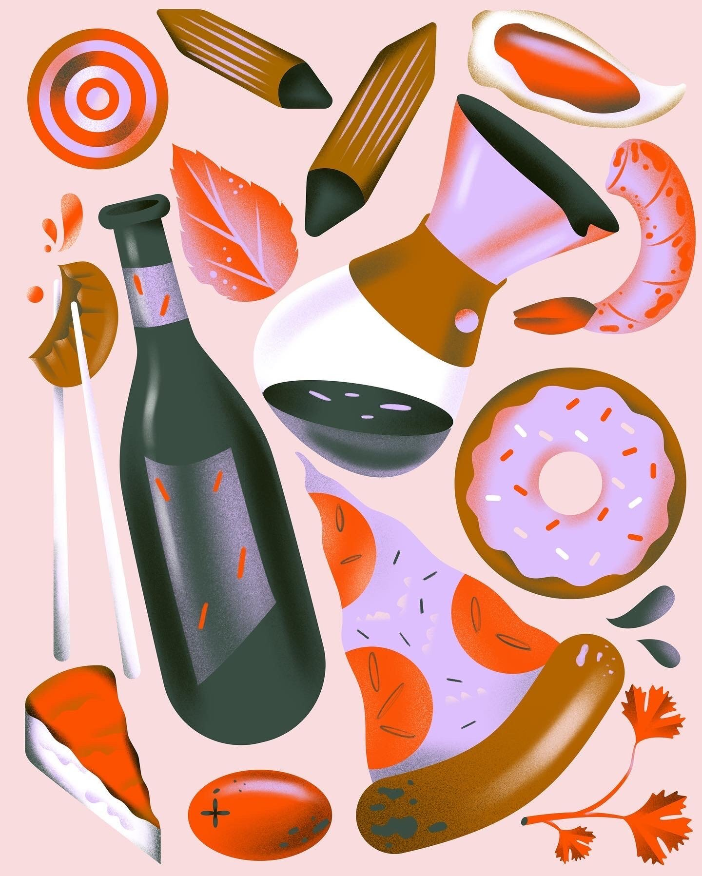 A colourful collection of objects, including a wine bottle, a target, a leaf, a set of chop sticks holding a dumpling, a donut, a slice of pizza, a shrimp, and a slice of pie.