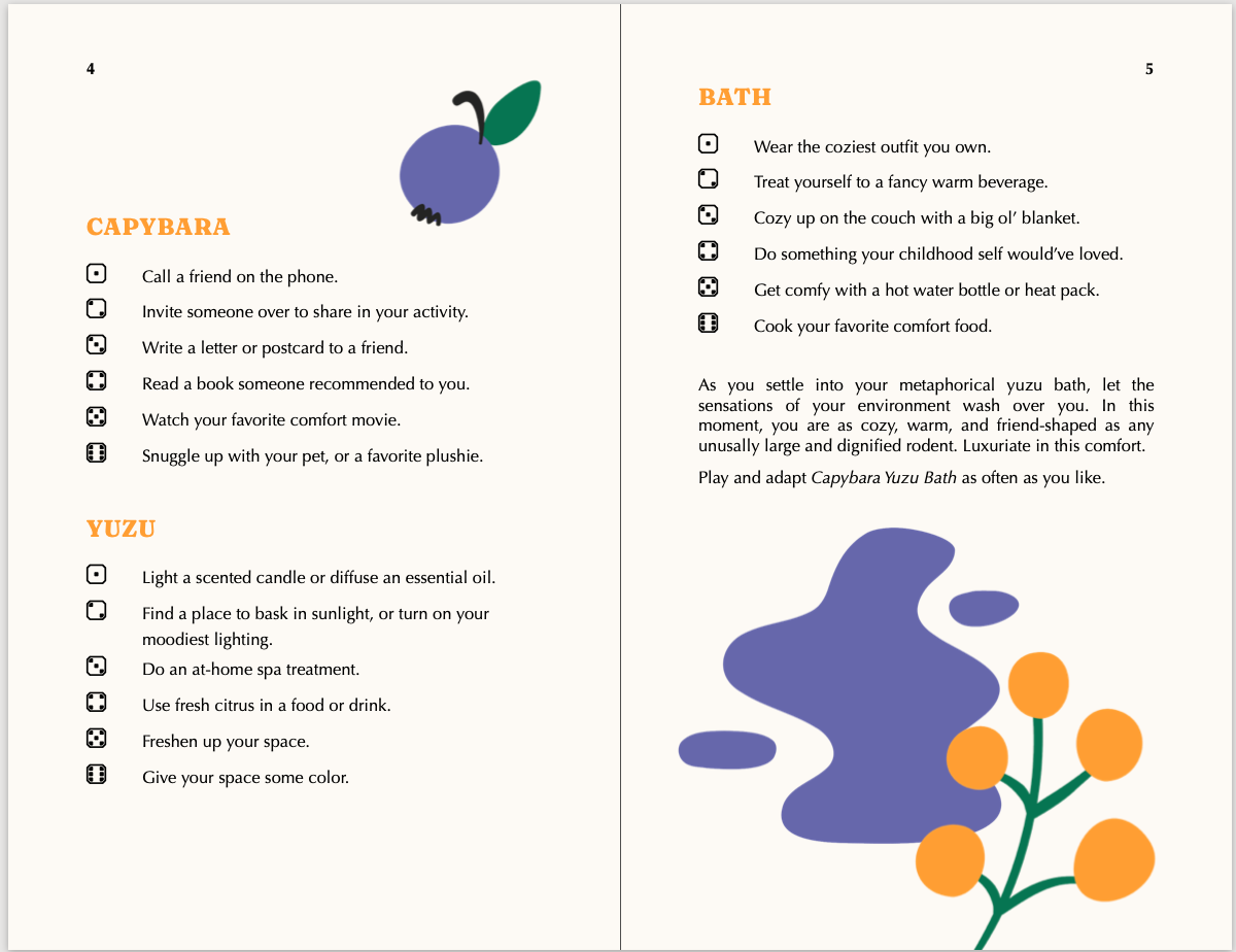 The same second page spread. The left page has a large illustration of a blueberry; the right features yellow berries on a blue background.