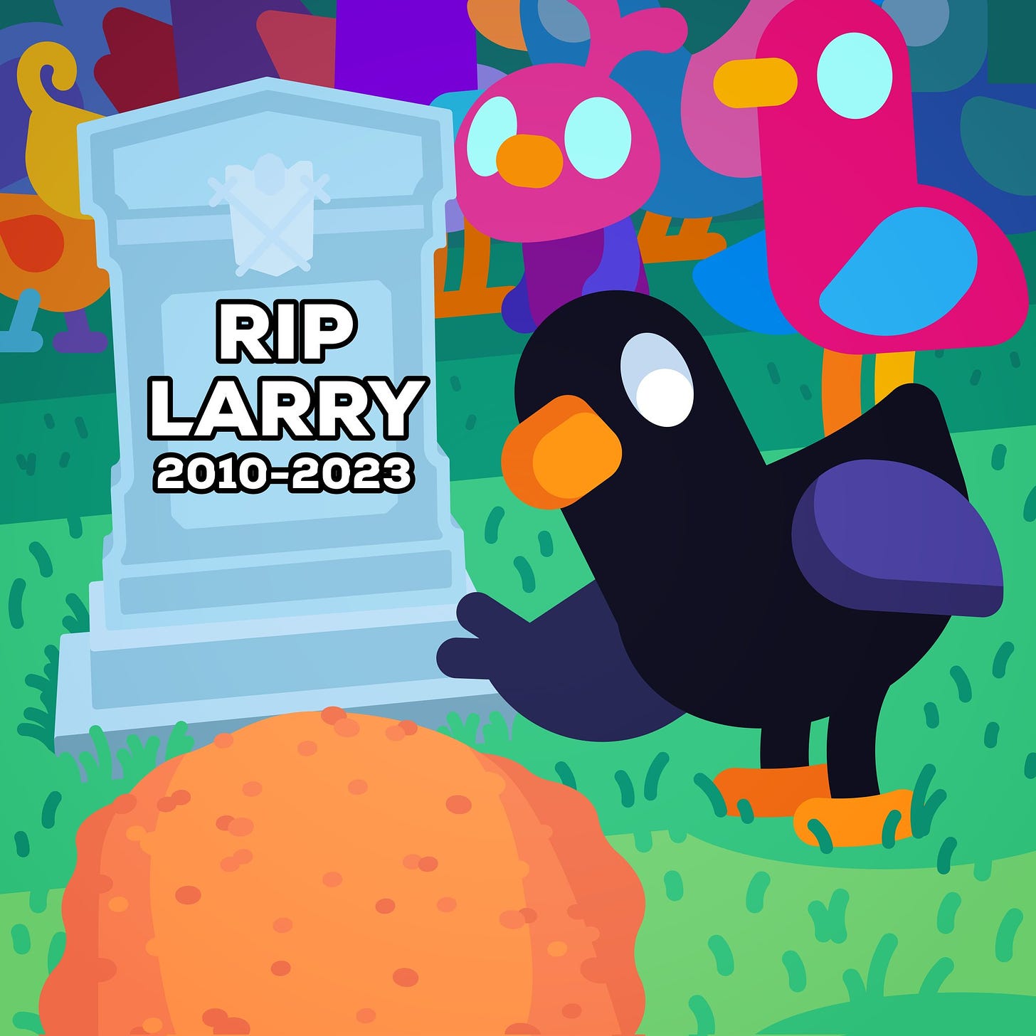 An illustration of Duck standing close to a grave with the inscription "RIP LARRY 2010 - 2023", referencing the change of Twitter to X and therfore retiring their bird icon called Larry. 