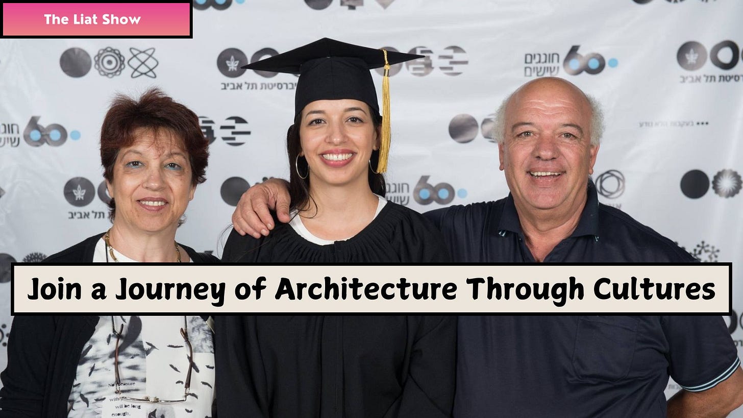 Liat Portal, wearing a black graduation gown and cap, stands between her parents, Nissim and Cohava Portal, at her MBA graduation ceremony. Her father, in a navy polo shirt, has his arm around her shoulder, while her mother, in a white blouse with a patterned design, stands beside them. The background features a Tel Aviv University 60th anniversary event backdrop with logos and text.
