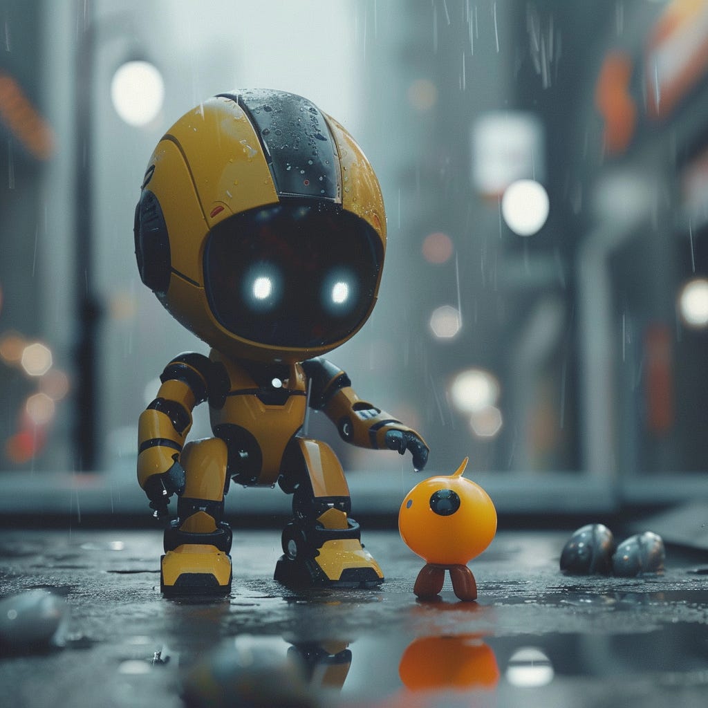 A small robot playing with a toy Tamagotchi