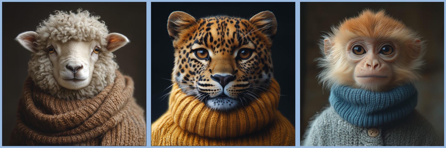 A collage of three animals in sweaters and scarves: (1) A sheep with curly white wool in a brown scarf. (2) A leopard with golden fur and black spots in a mustard-yellow sweater. (3) A golden-furred monkey with large eyes in a blue scarf and gray sweater. All are set against simple backgrounds with a stylized, warm aesthetic.