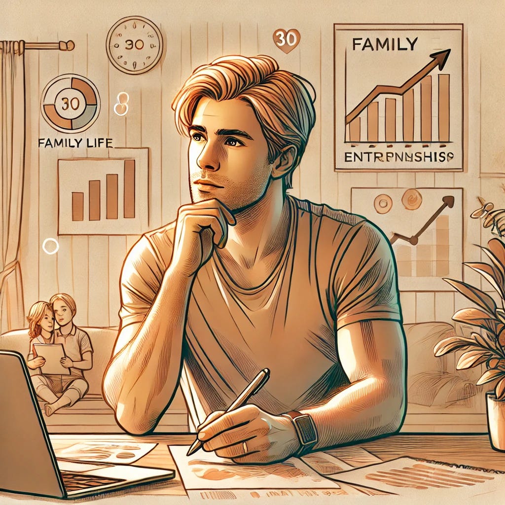 An illustration of a 30-year-old blond man sitting thoughtfully at a desk, with a laptop and papers in front of him. The man looks reflective, with a pen in his hand, as if considering a big decision. Around him, subtle visuals represent family life (toys, children's drawings) and entrepreneurship (charts, business documents). The scene is warm and inviting, with a modern home office setting, blending professional and personal elements. The style is clean and artistic, suitable for a newsletter visual.