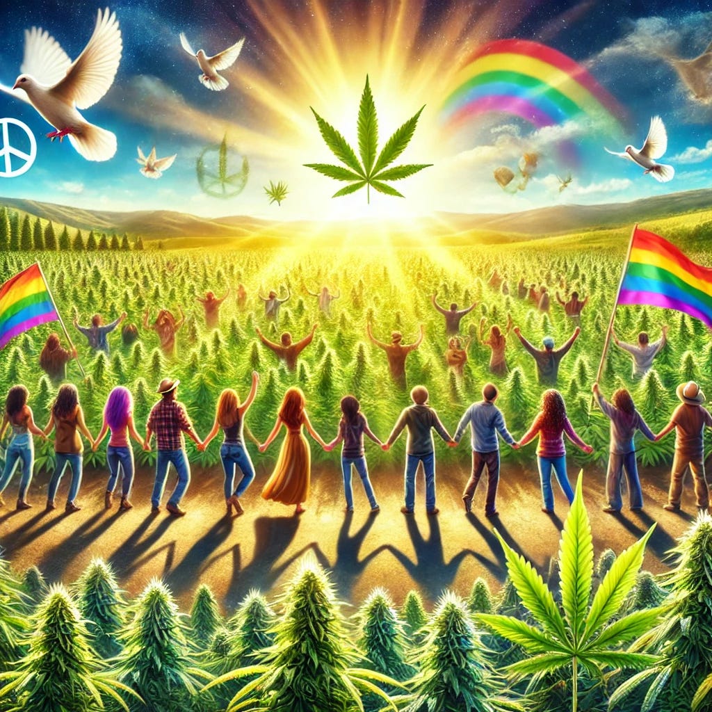 A vibrant, sunny landscape filled with lush green fields of cannabis plants growing freely, with people of diverse backgrounds celebrating peacefully together. The atmosphere is joyful, with bright skies and warm sunlight casting a golden hue over the scene. In the background, symbols of peace and unity, like doves and rainbow flags, are present. The overall image evokes a sense of victory, hope, and positive change, emphasizing the idea that cannabis legalization has brought about a peaceful resolution to the drug war, creating a harmonious and thriving community.