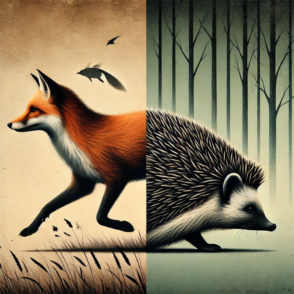 Create a symbolic image featuring a fox and a hedgehog, each representing different approaches to prediction and forecasting. The fox, sleek and alert, stands in a dynamic pose, symbolizing adaptability and diverse tactics. The hedgehog is curled calmly, portraying focus, depth, and specialization. They are positioned on opposite sides, separated by a subtle background division, such as a forest for the fox and a grassy field for the hedgehog. Artistic, thought-provoking atmosphere, with muted colors to reflect contemplation and analysis.