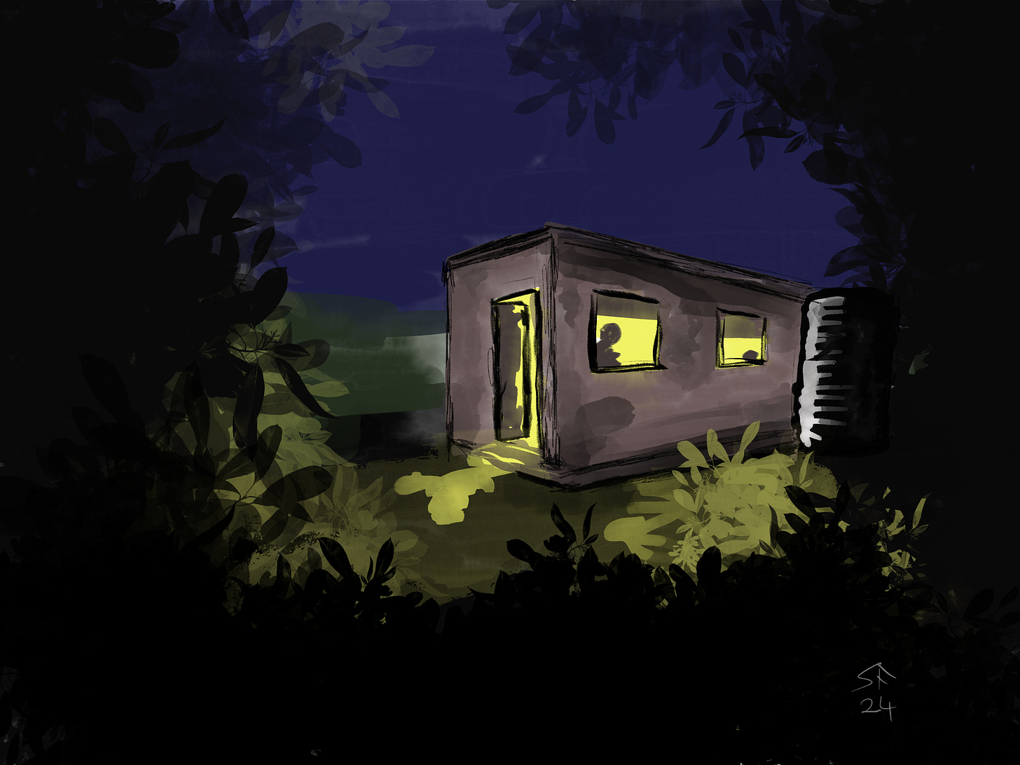 Cartoon: cabin at night, door open and light spilling out; two figures inside, the one at the door is standing.