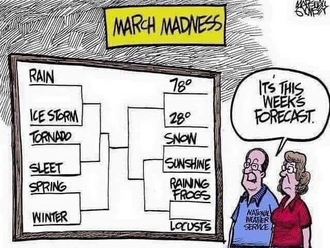May be an image of text that says 'MARCH MADNESS も茶 RAIN 78° ICESTORM ICE STORM TORNADO SIHTSI ITS THIS WEEKS FORECAST. 28° SNOW SLEET SPRING SUNSHINE RAINNG FROGS WINTER NATIOWAL LOCUSTS'