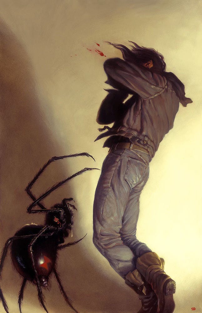 Blood splatters as a man in blue jeans and boots recoils, reflexively covering his face with his arms. An enormous spider rears up in attack exposing a red hourglass pattern on its underside. The hint of a human face can be seen on its back.